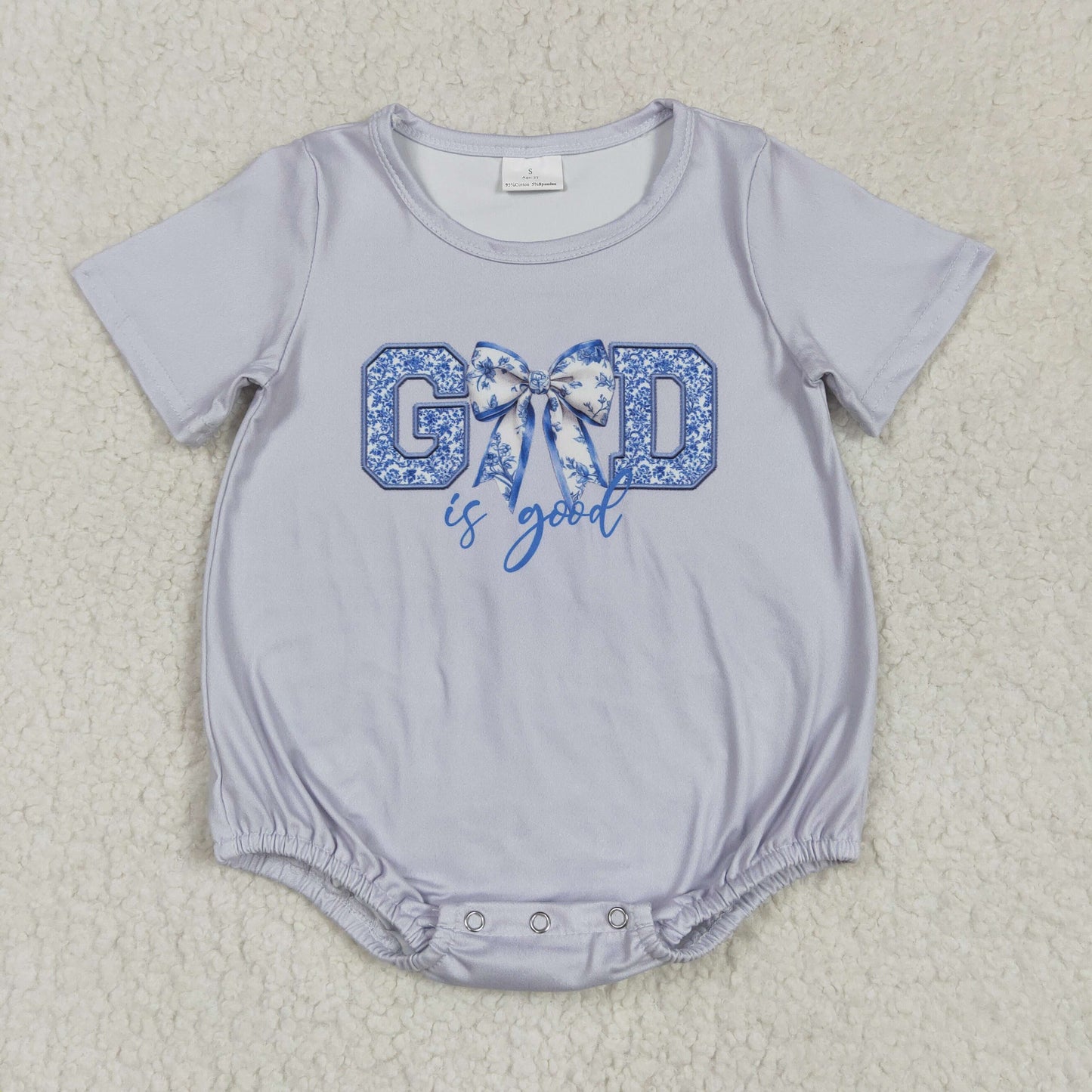 Baby Girl Infant God Is Good Bow Grey Bubble Romper RTS