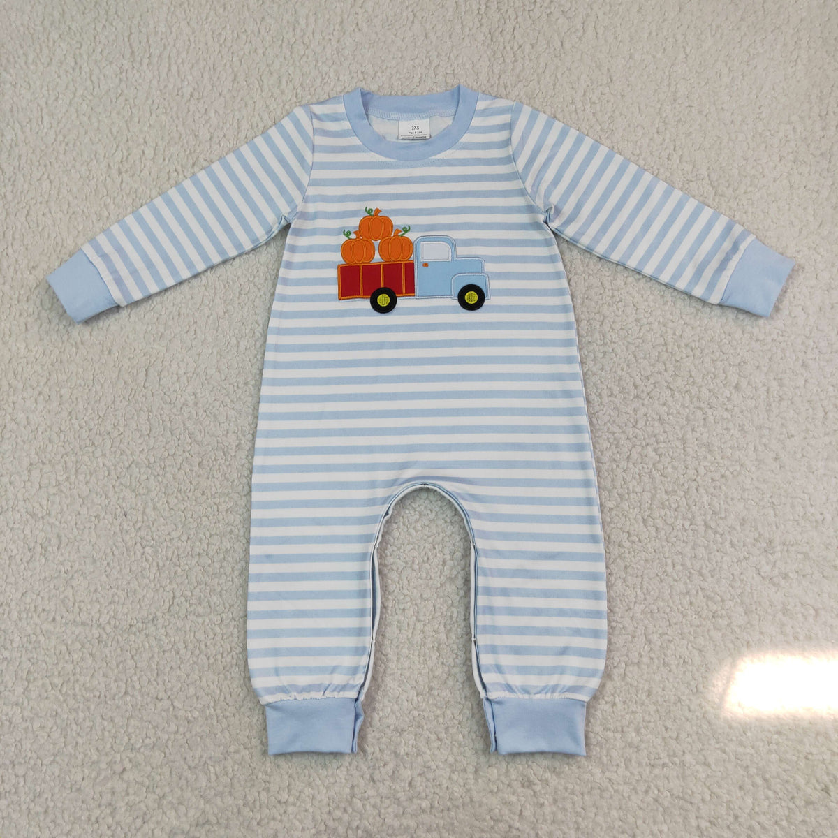 Baby Boy Infant Embroidery Pumpkins Truck Stripes Romper Fall Clothes RTS