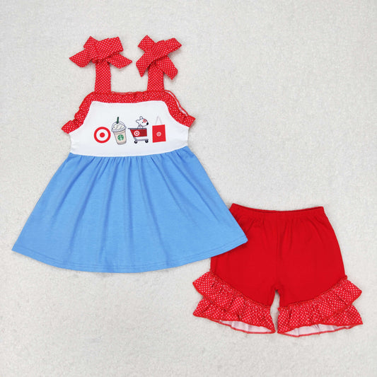 Baby Girl Sleeveless Coffee Dog Tops Red Shorts Summer Set