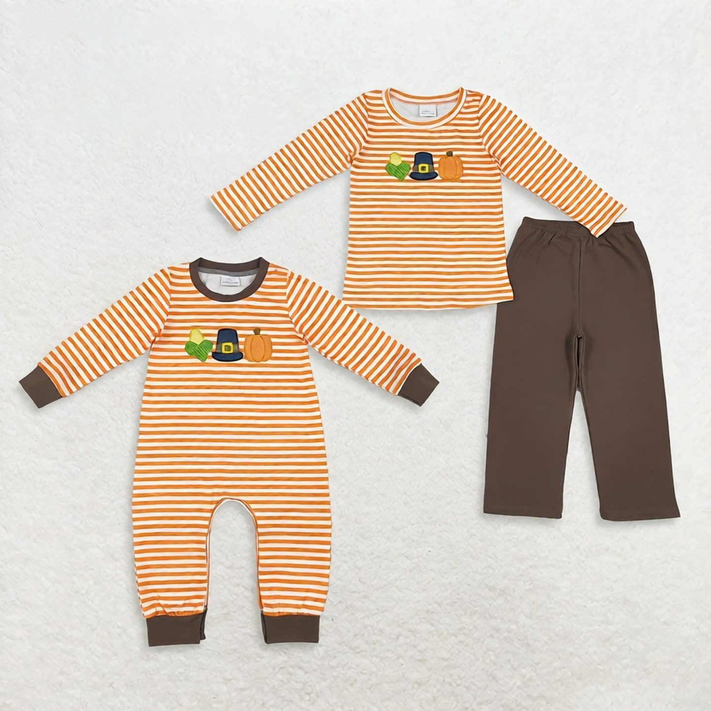 Sibling Baby Boys Kids Long Sleeves Embroidery Pumpkins Stripes Romper Set Clothes RTS