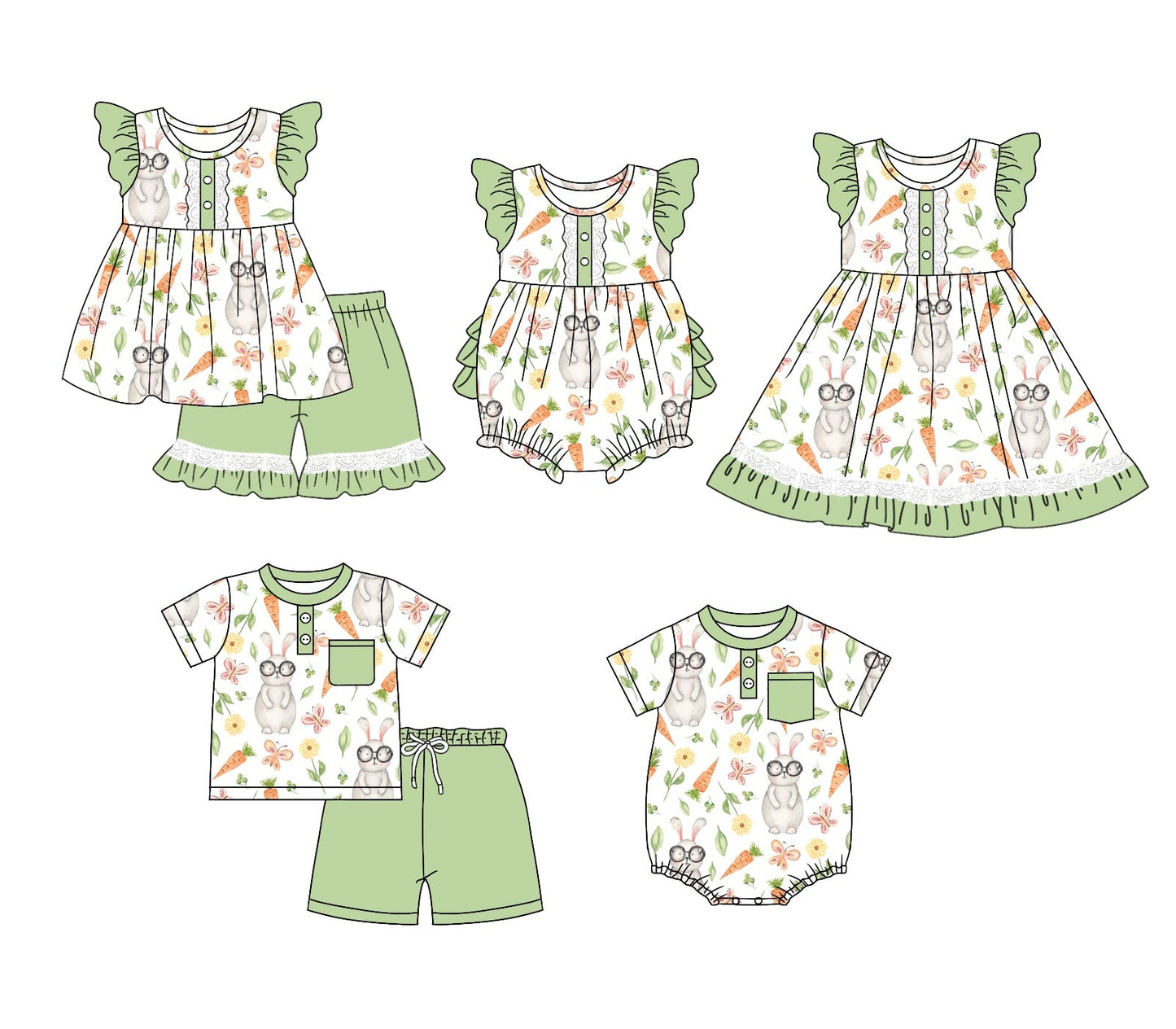 Baby Boy Girl Short Sleeves Easter Rabbit Flower Sibling Dress Romper Clothes Set Moq 5 Each Style