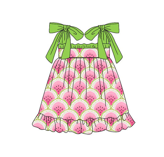 ( Moq 5 )  Preorder Baby Girls Kids Bows Straps Watermelon Ruffle Knee Length Dress