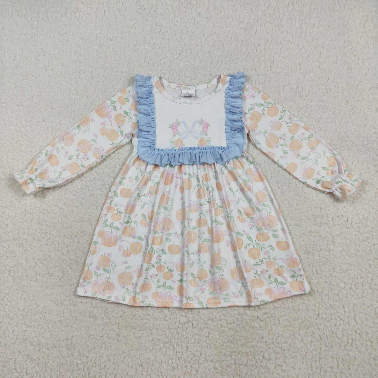Baby Girl Long Sleeves Blue Ruffle Pumpkin Bows Knee Length Dress RTS