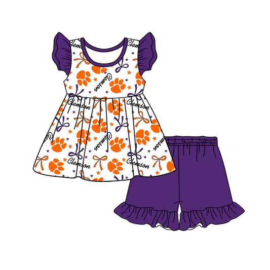 Baby Girl Short Sleeves Team Bows Tunic Purple Ruffle Shorts Clothes Set ( Moq 5 )