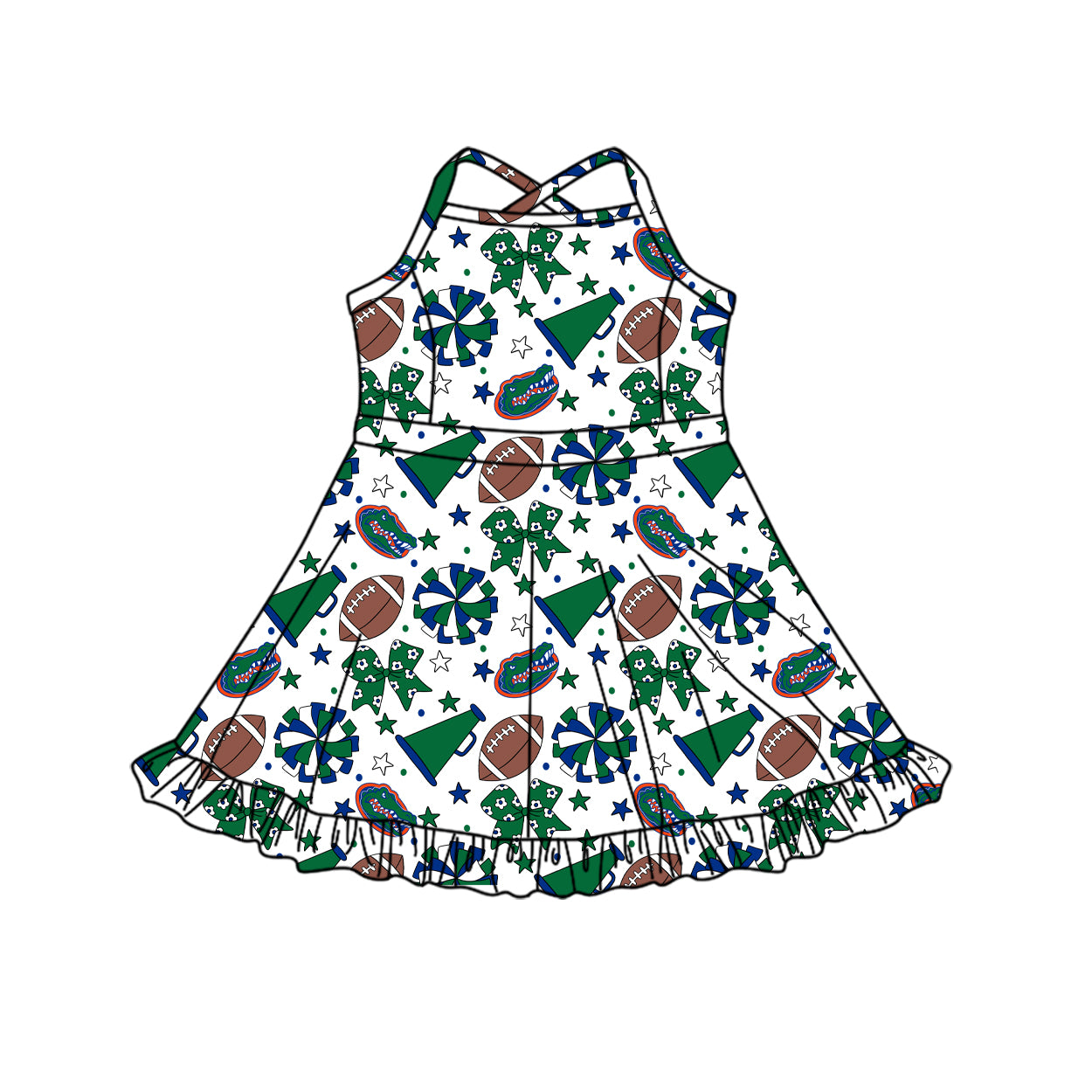 ( Moq 5 ) Baby Girls Toddler Straps Green Bows Cheer Football Shorts Ruffle Dress Team Clothes