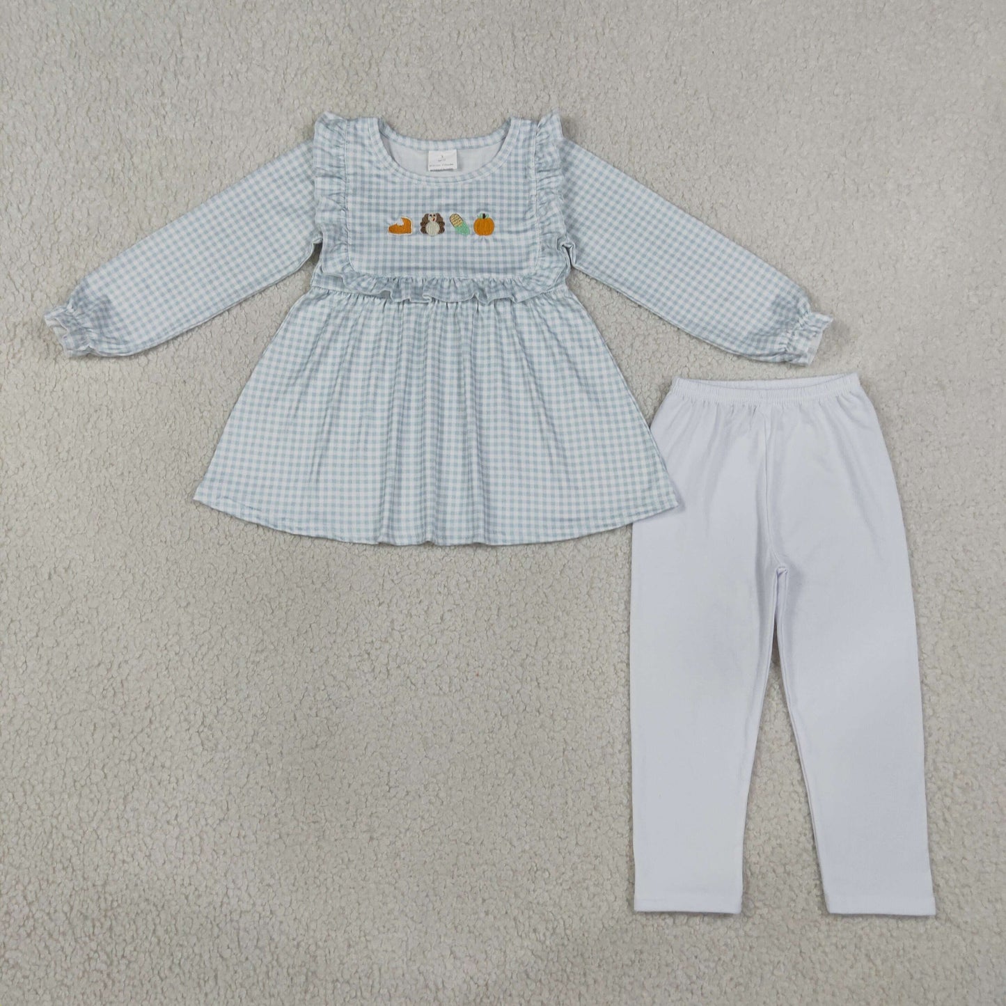 Baby Girls Kids Long Sleeves Embroidery turkey Pumpkins Tunic Pants Fall Set Clothes RTS