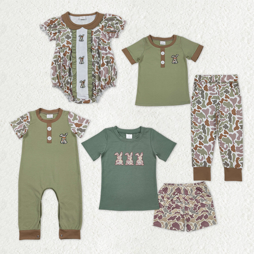 Sibling Baby Boys Kids Short Sleeves Embroidery Rabbit Camo Easter Rompers Sets RTS