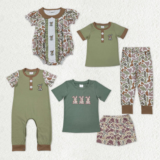Sibling Baby Boys Kids Short Sleeves Embroidery Rabbit Camo Easter Rompers Sets RTS