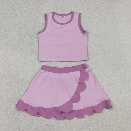 Baby Girls Kids Sleeveless Shirt Scallop Skirt Shorts Yoga Active Set Clothes RTS