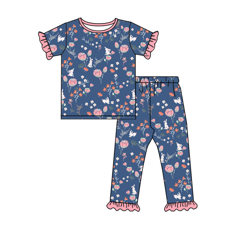 Baby Girl Short Sleeves Easter Rabbit Flower Shirt Pants Pajamas Clothes Set Moq 5