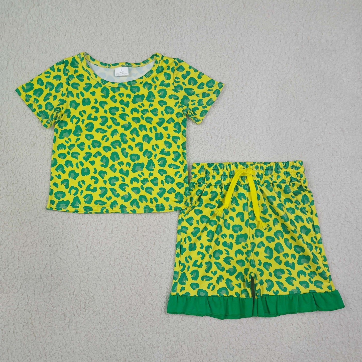 Baby Girls Kids Short Sleeves Leopard Shirt Pockets Shorts Summer Set Yellow Clothes RTS