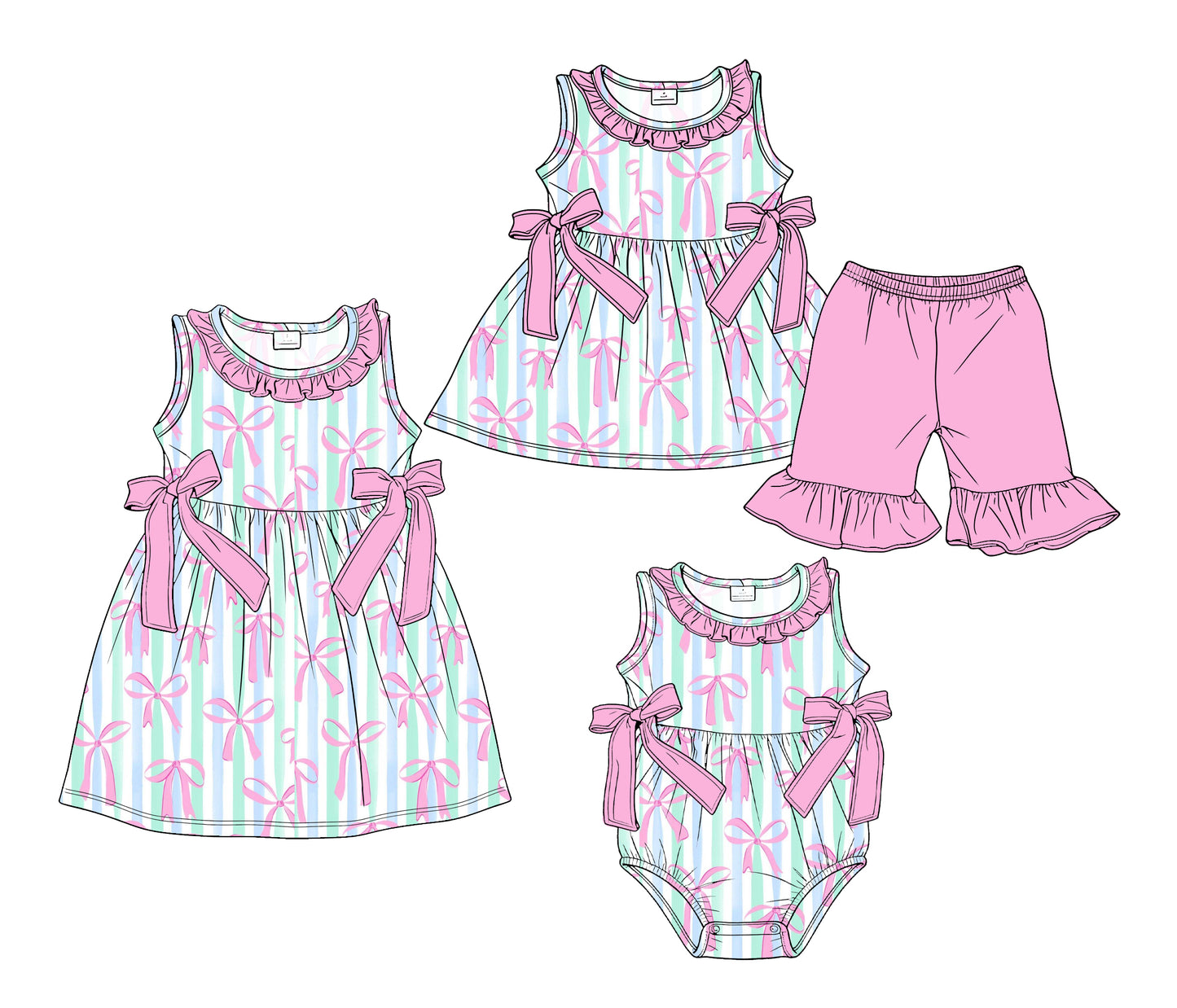 ( Moq 5 Each Style ) Sibling Baby Girls Kids Bows Stripes Romper Dress Set Clothes