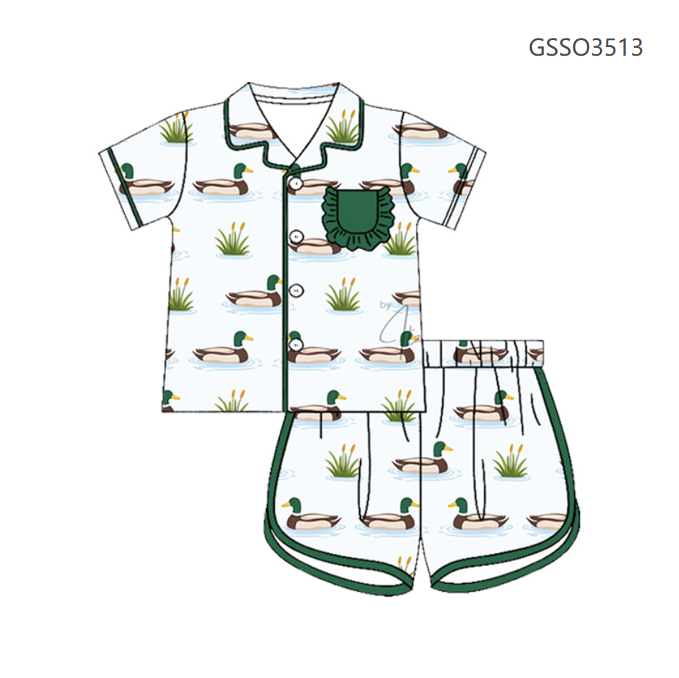 ( Moq 5 ) Preorder Baby Girls Kids Short Sleeves Green Pocket Shirt Ducks Shorts Set Pajamas Clothes