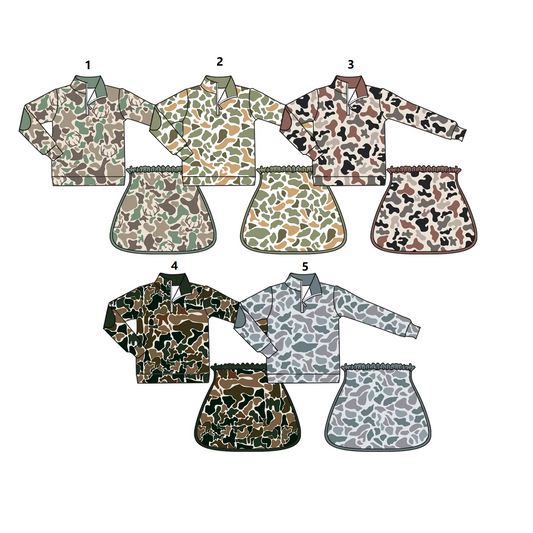 ( Moq 5 Each Style ) Sibling Baby Girls Kids Long Sleeves Camo Print Zipper Shirts Skirts Sets