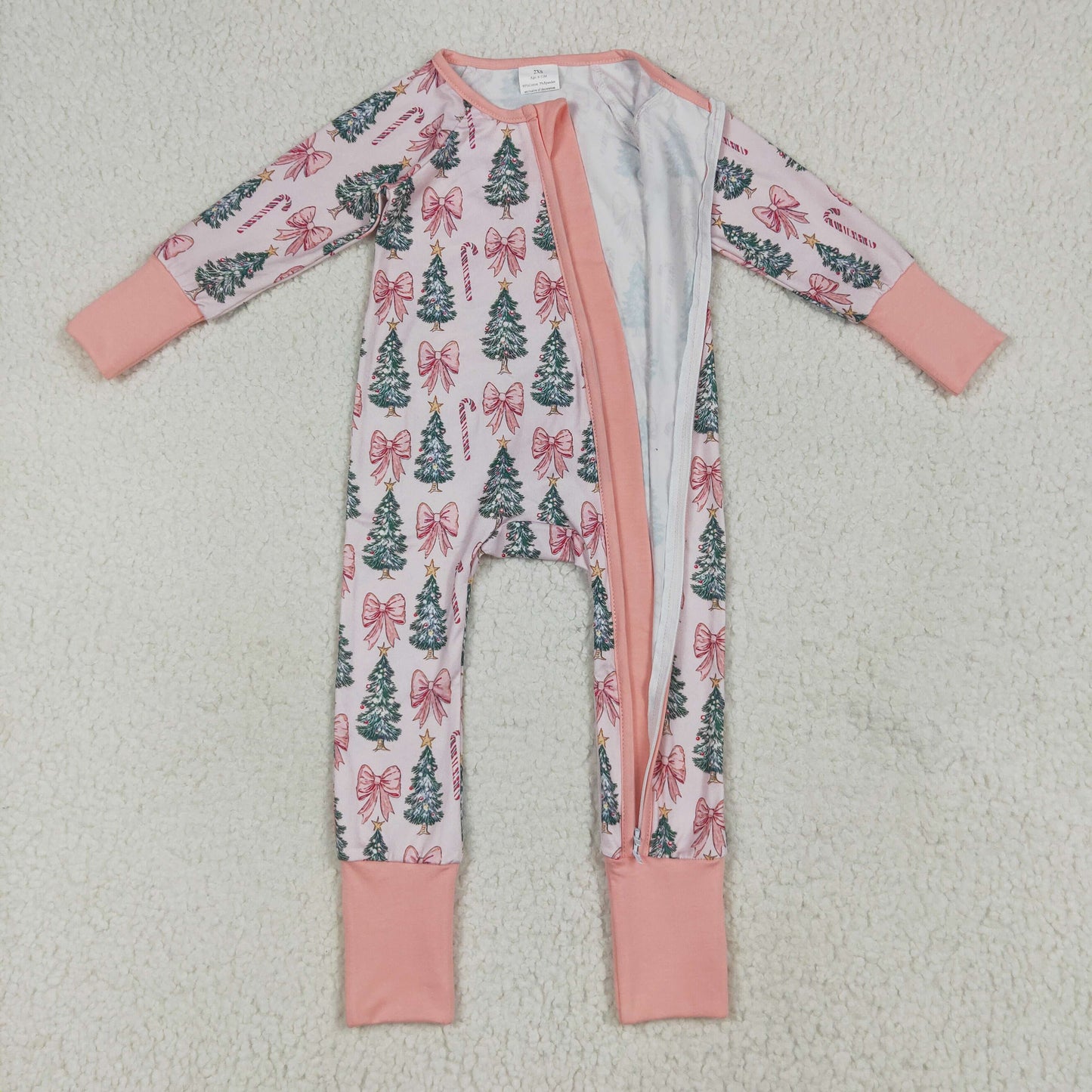 Baby Girl Infant Long Sleeves Tree Bows Christmas Zipper Pink Romper RTS