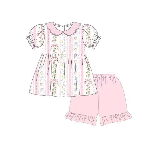 ( Moq 5 )  Preorder Baby Girls Kids Short Sleeves Flower Bows Tops Pink Shorts Set Summer Clothes