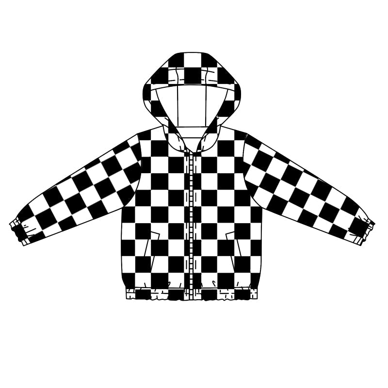 Baby Kids Toddler Long Sleeves Black Checkered Zipper Hoodie Shirt Coat Moq 5