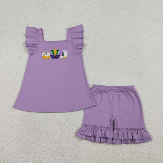 Baby Girls Embroidery Masks Donuts Boots Tops Purple Ruffle Shorts Mardi Gras Set RTS