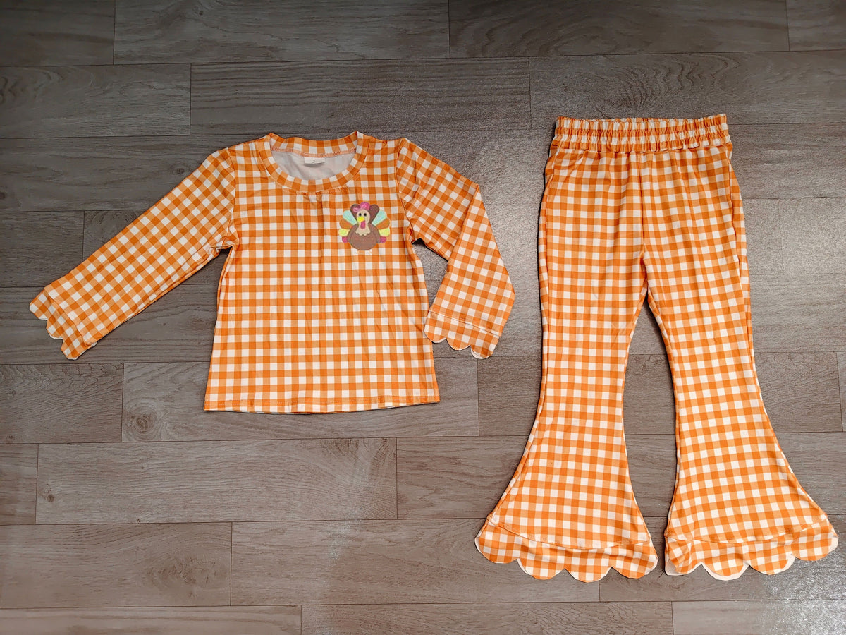 ( No moq ) Preorder Baby Girls Kids Embroidery turkey Scallop Tops Orange Plaid Pants Thanksgiving Set