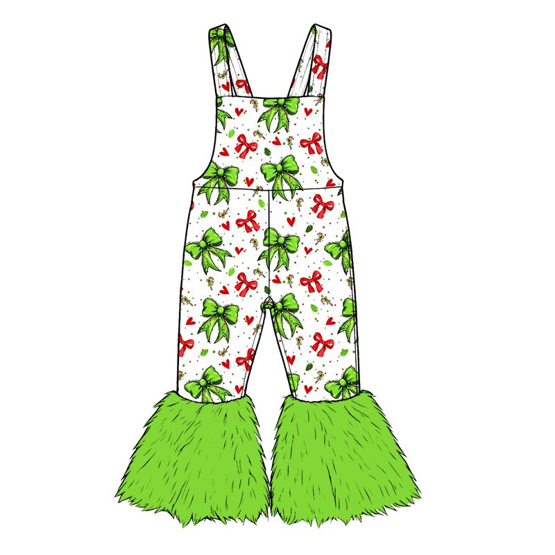 ( Moq 5 ) Preorder Baby Girls Kids Christmas Overalls Bows Green Fur Jumpsuit Clothes