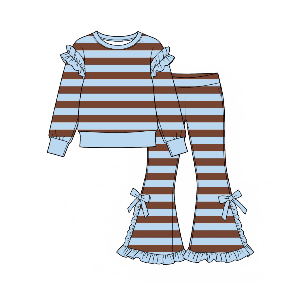 ( Moq 5 ) Preorder Baby Girls Kids Long Sleeves Stripes Shirt Bows Ruffle Pants Set Clothes