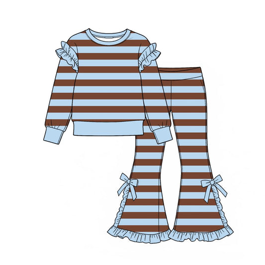 ( Moq 5 ) Preorder Baby Girls Kids Long Sleeves Stripes Shirt Bows Ruffle Pants Set Clothes