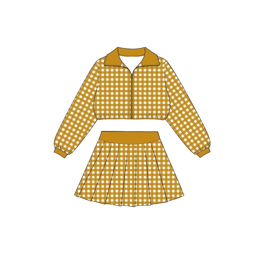 ( Moq 5 ) Preorder Baby Girls Kids Long Sleeves Plaid Zipper Tops Skirt Shorts Set Yoga Active Clothes