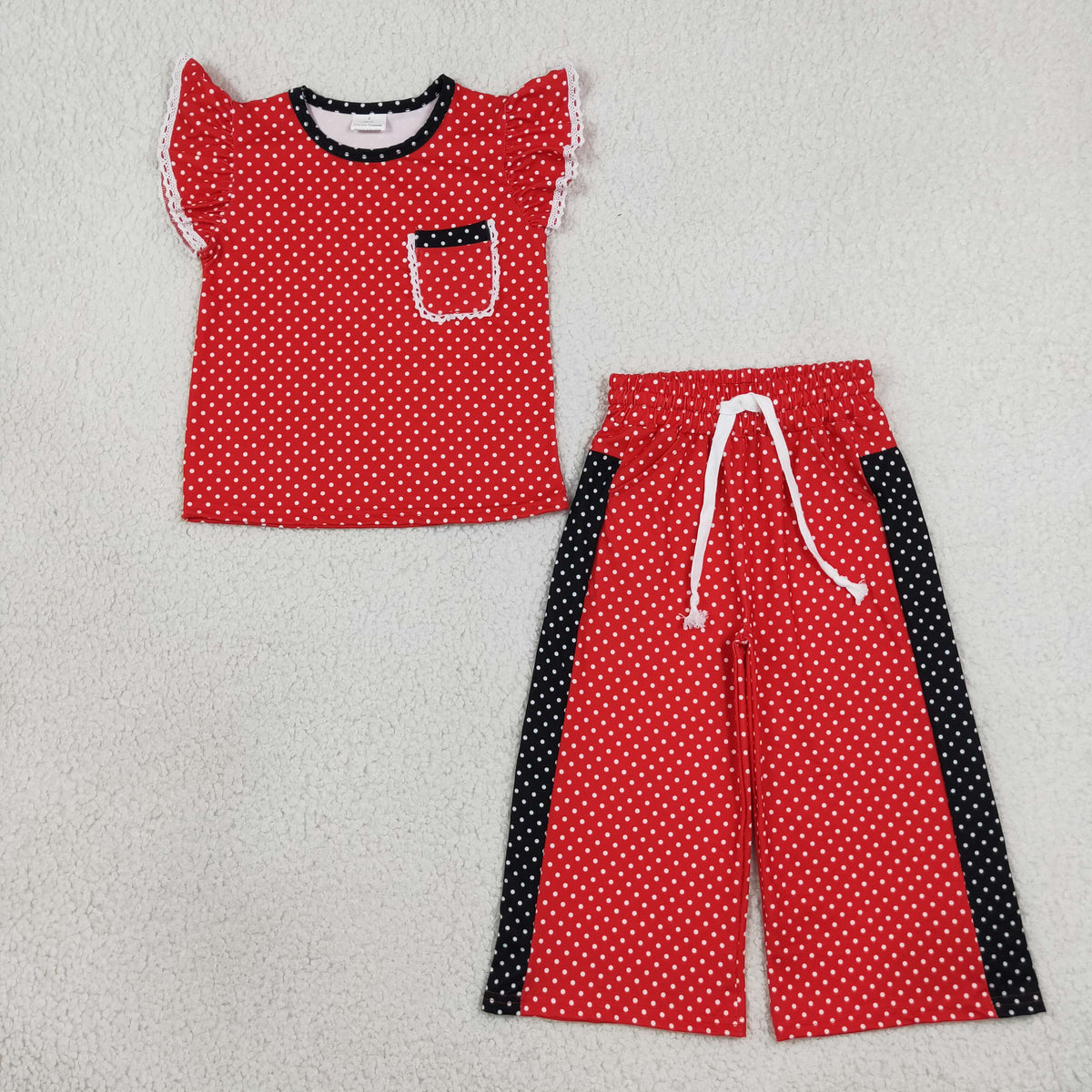 Baby Girls Kids Short Sleeves Dot‌s Pocket Tops Pants Red Set Team Clothes RTS