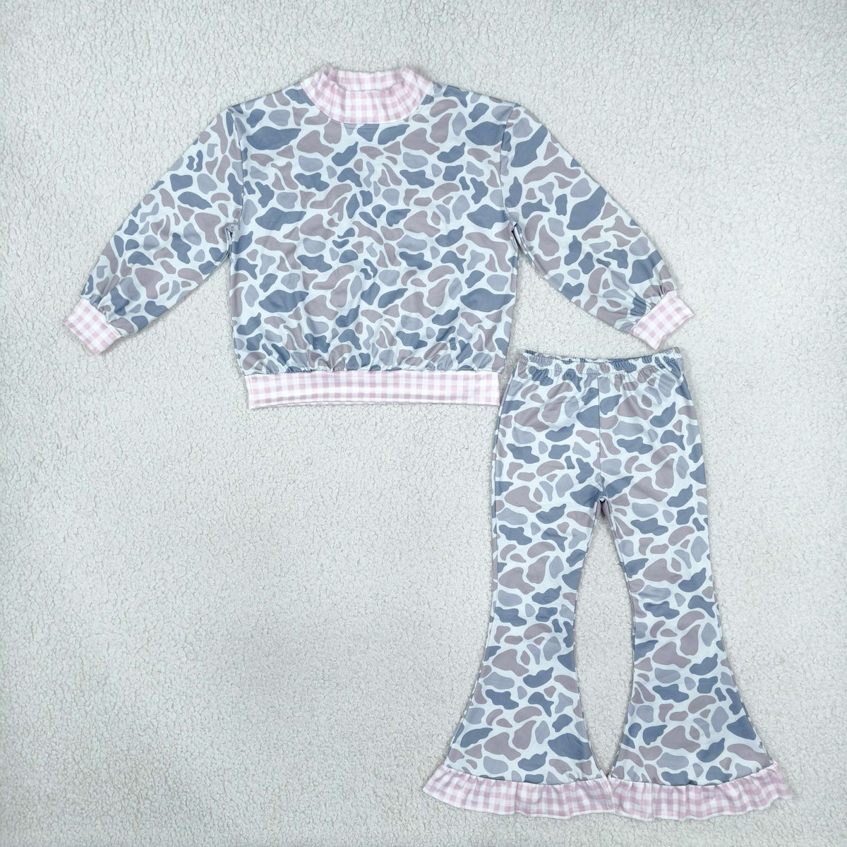 Baby Girls Kids Long Sleeves Plaid Pullover Grey Camo Bell Pants Set Clothes RTS