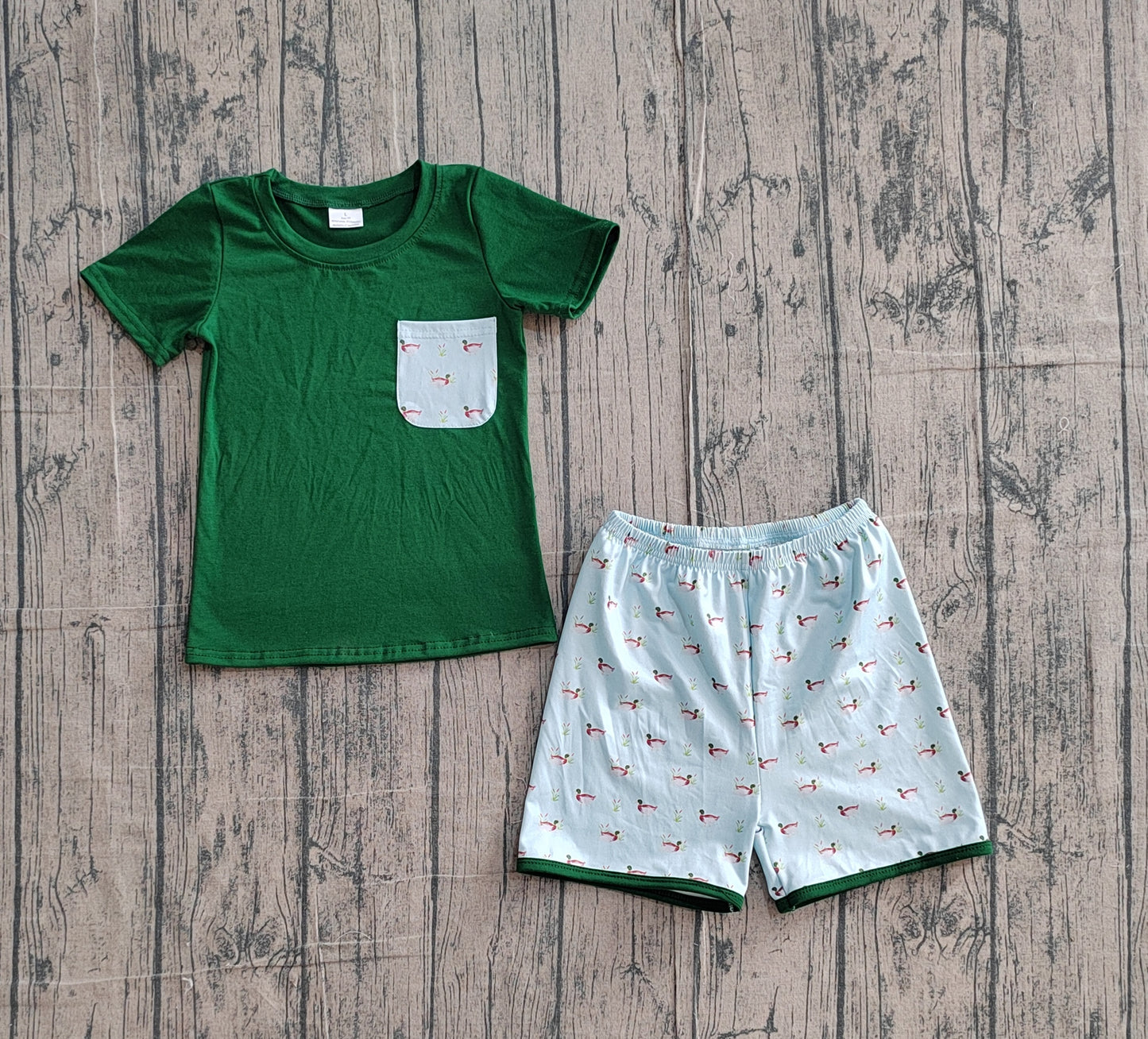 Baby Boys Kids Green Short Sleeves Pocket Shirt Ducks Shorts Clothes Set RTS