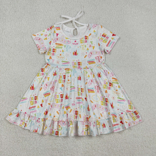 Baby Girls Kids Short Sleeves Castles Ruffle Knee Length Dress RTS
