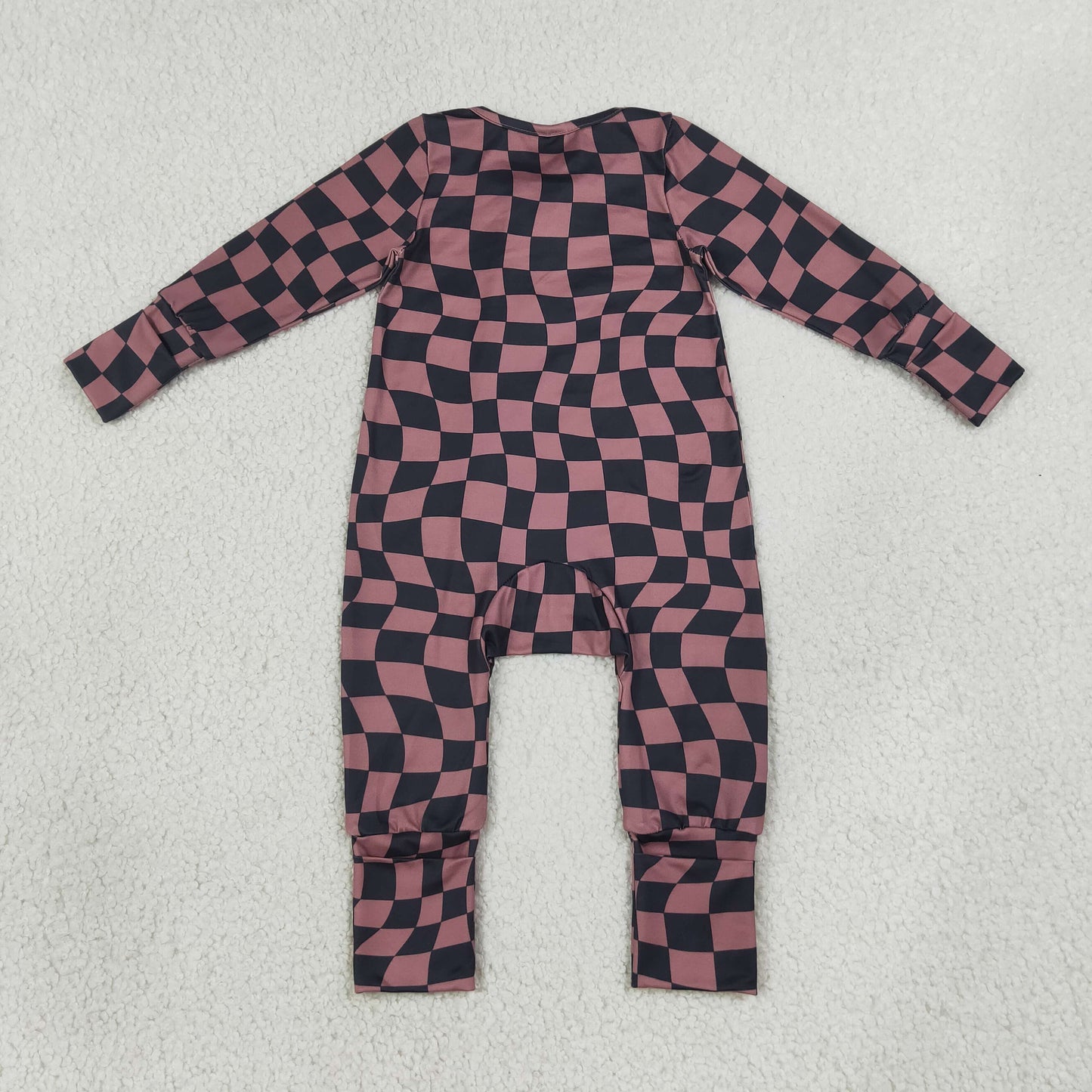 Baby Boys Kids Long Sleeves Brown Black Plaid Zipper Footie Sleeper Romper Clothes RTS