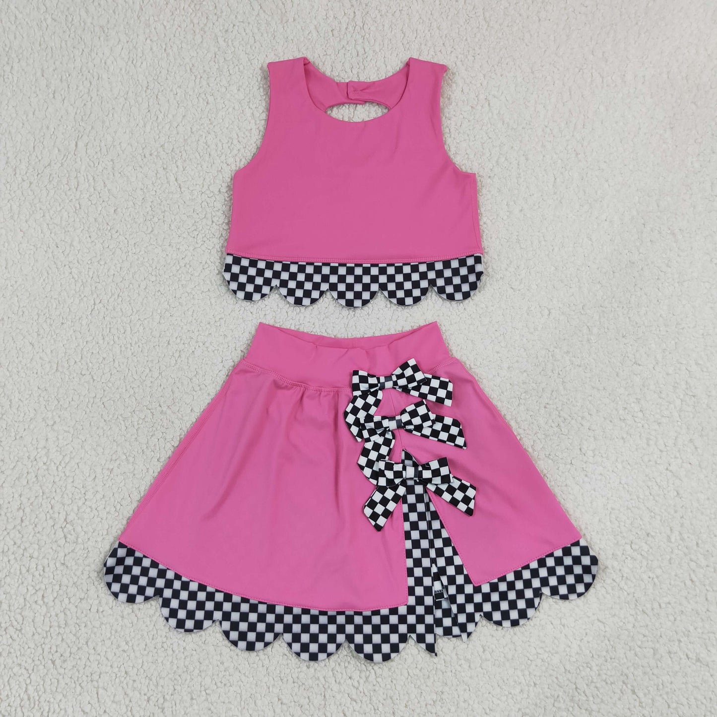 Baby Girls Kids Sleeveless Pink Tops Plaid Bows Skirt Shorts Yoga Set Clothes RTS