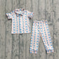 Baby Girl Short Sleeves Blue Bows Flower Buttons Shirt Pants Pajamas Set RTS