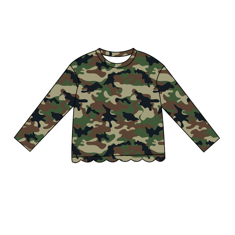 ( Moq 5 ) Preorder Baby Girls Kids Green Camo Long Sleeves Shirt Scallop Pullover Kids Clothes