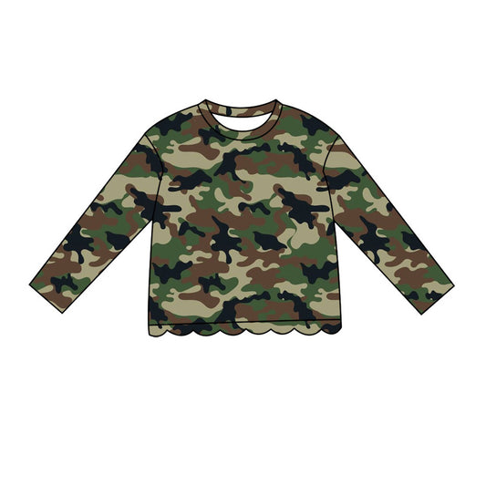 ( Moq 5 ) Preorder Baby Girls Kids Green Camo Long Sleeves Shirt Scallop Pullover Kids Clothes
