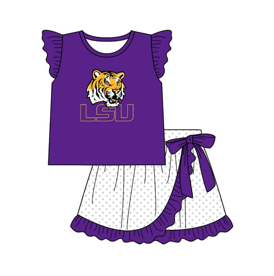 Baby Girl Purple Short Sleeves Tiger Team Shirt Dots Skirt Clothes Set Moq 5