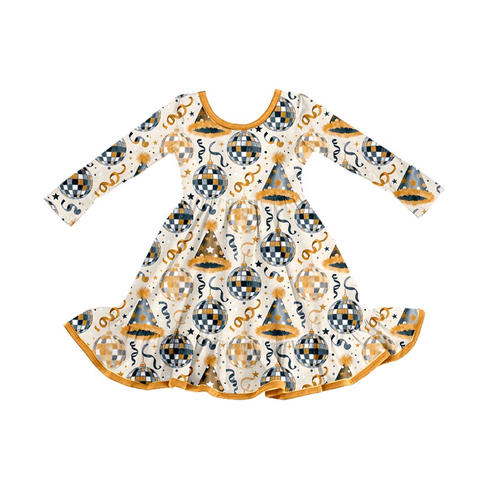 ( Moq 5 ) Preorder Baby Girls Kids Long Sleeves Happy New Year Knee Length Dress Clothes