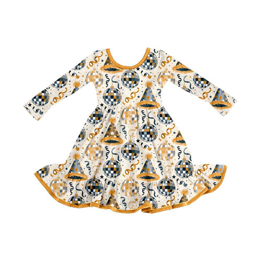 ( Moq 5 ) Preorder Baby Girls Kids Long Sleeves Happy New Year Knee Length Dress Clothes
