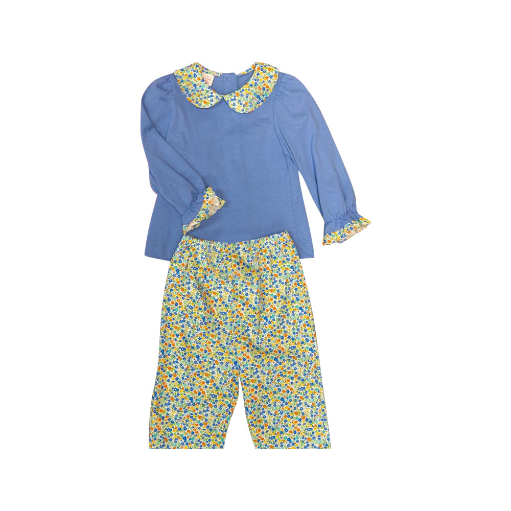 Pre-order Baby Girl Blue Collar Shirt Floral Pants Set