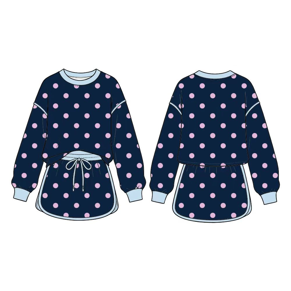 ( Moq 5 ) Preorder Baby Girls Kids Long Sleeves Dots Shirt Skirt Shorts Navy Set Clothes