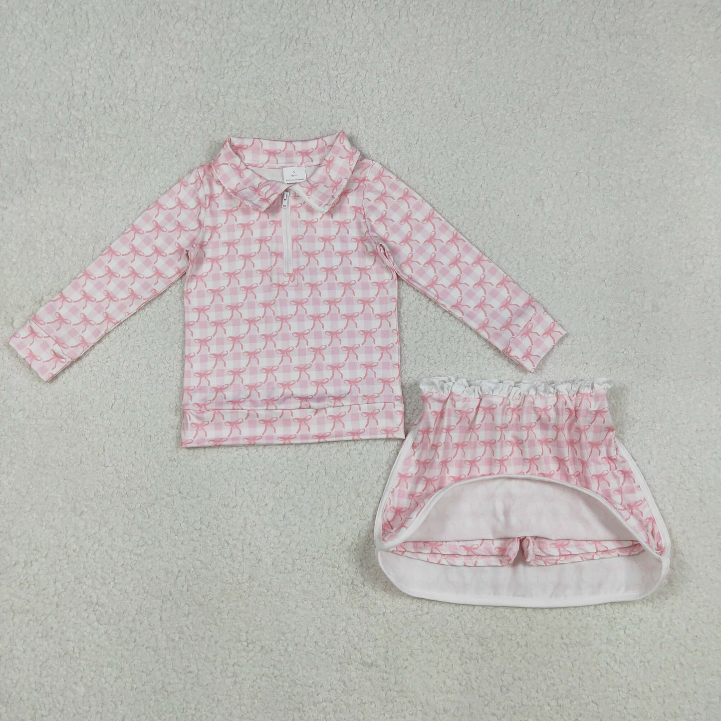 Baby Girl Long Sleeves Pink Bows Plaid Zipper Shirt Skirt Shorts Clothes Set RTS
