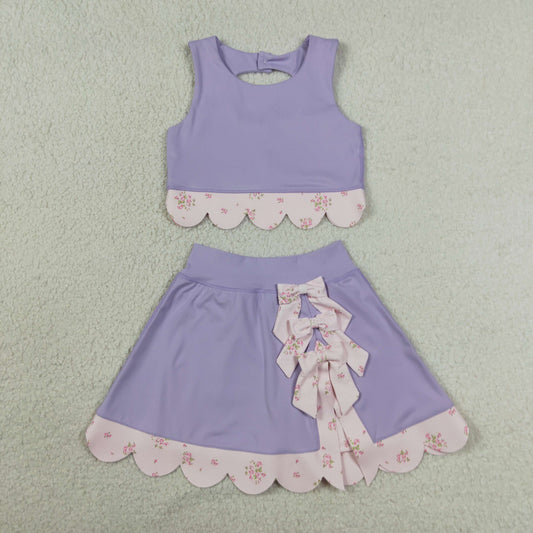 Baby Girls Kids Purple Sleeveless Tops Bows Skirt Shorts Yoga Clothes Set RTS