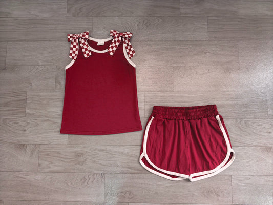( No moq ) Preorder Baby Girls Kids Sleeveless Checked Bows Shirt Shorts Dark Red Set Summer Clothes
