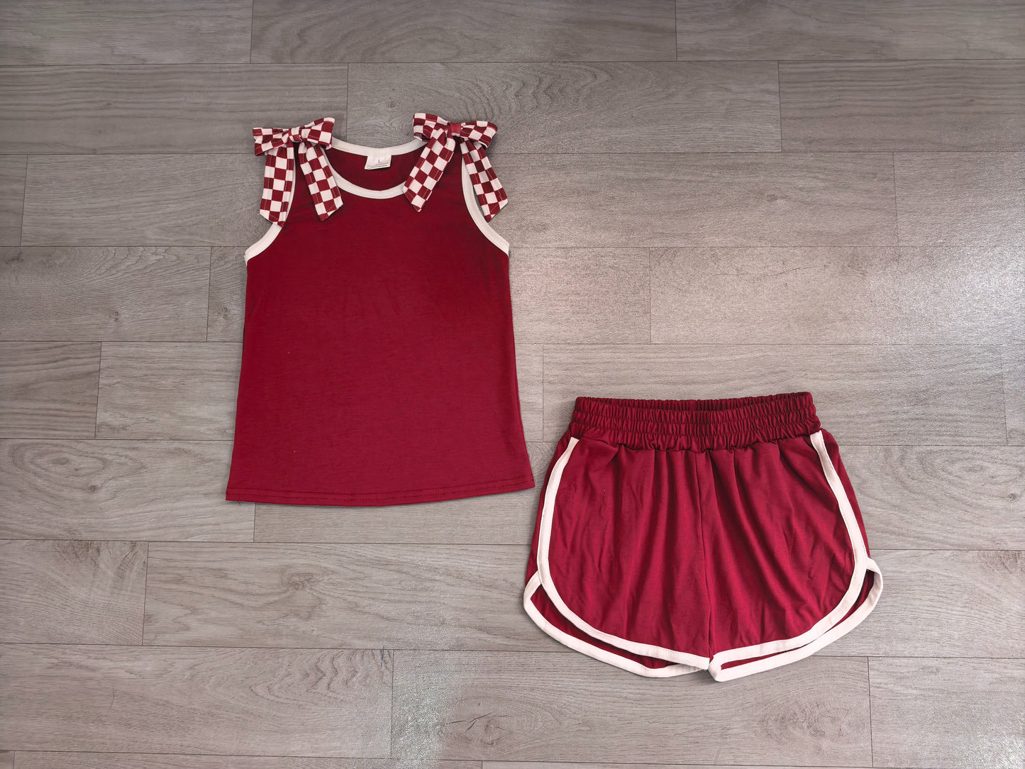 ( No moq ) Preorder Baby Girls Kids Sleeveless Checked Bows Shirt Shorts Dark Red Set Summer Clothes