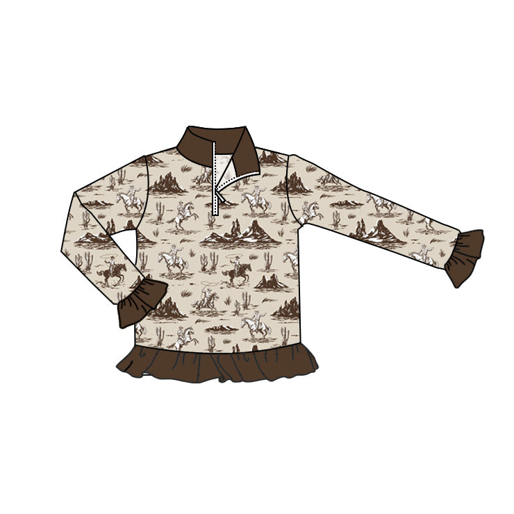 Baby Girl Long Sleeves Brown Western Rodeo Zipper Pullover Tops