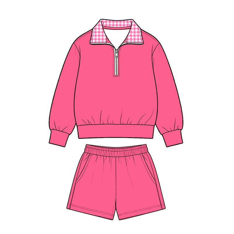 ( Moq 5 ) Preorder Baby Girls Kids Long Sleeves Zipper Pullover Pockets Shorts Pink Set Cotton Clothes