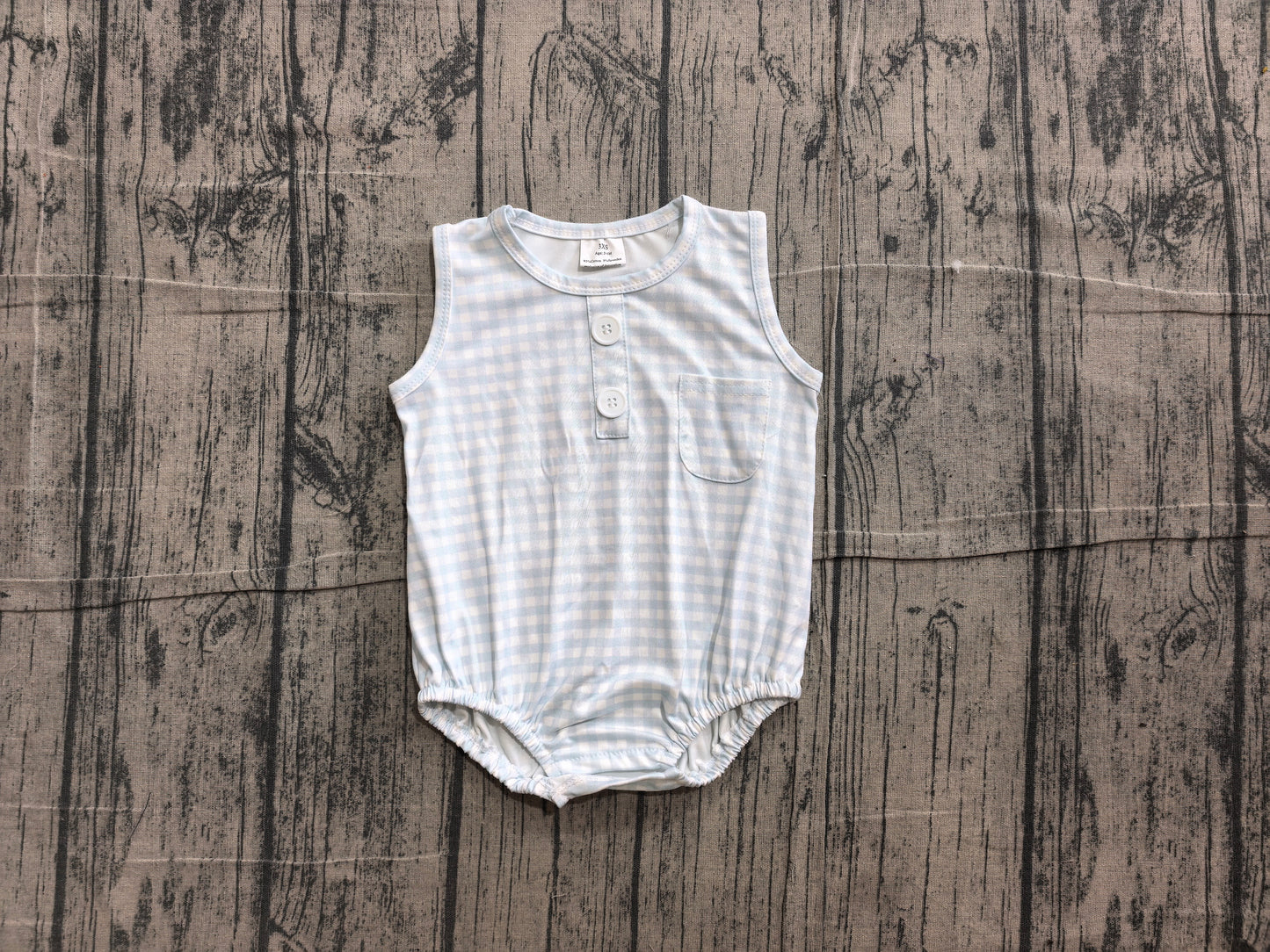 ( No moq ) Preorder Baby Boy Infant Sleeveless Light Blue Plaid Pocket Summer Bubble Romper