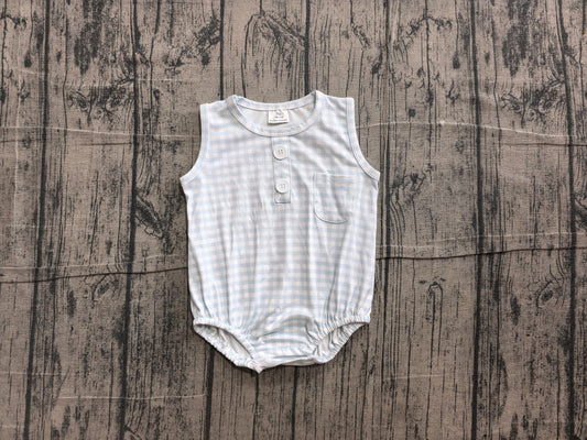 ( No moq ) Preorder Baby Boy Infant Sleeveless Light Blue Plaid Pocket Summer Bubble Romper