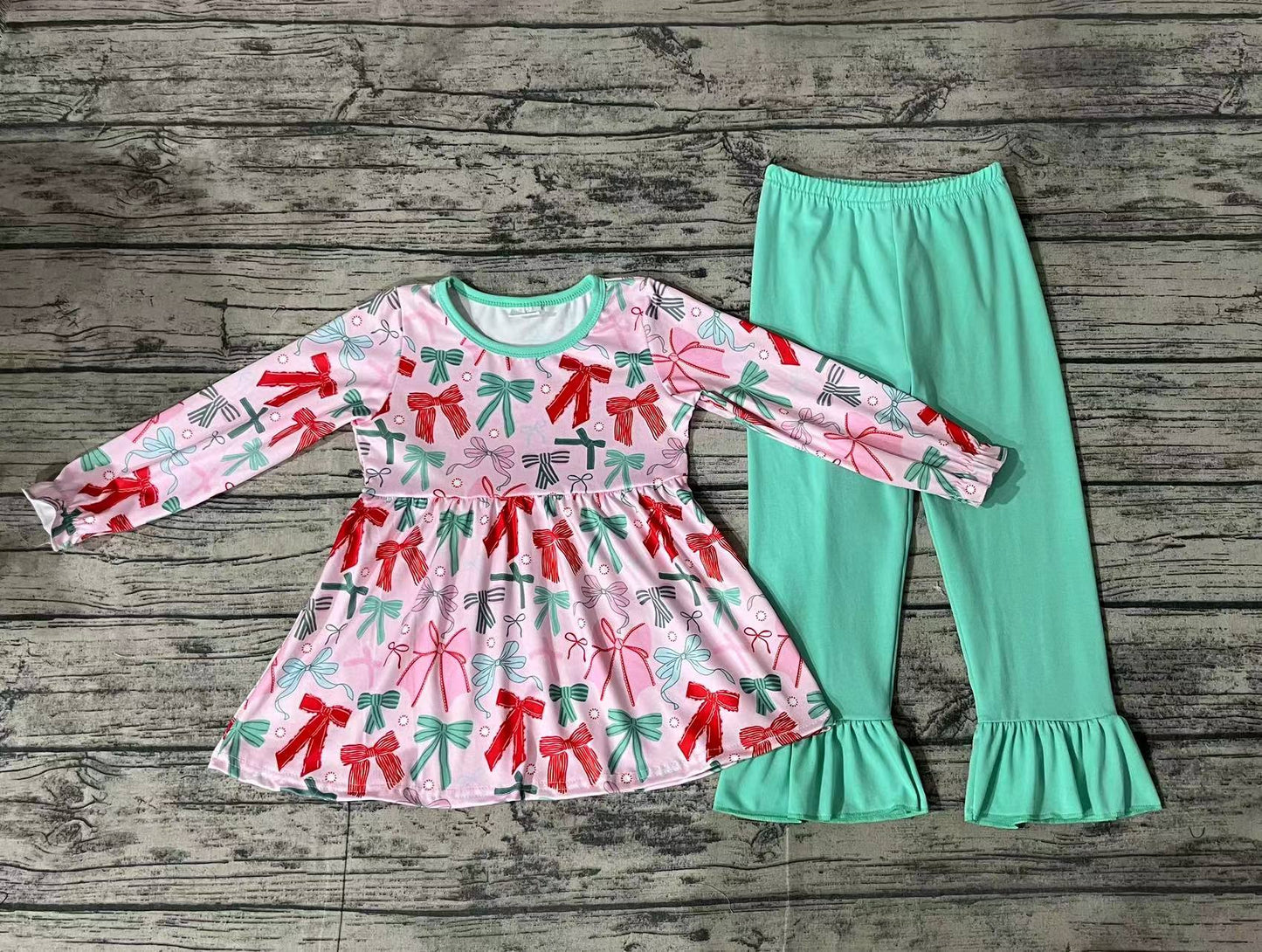 Pre-order Baby Girl Christmas Bows Tunic Green Pants Set